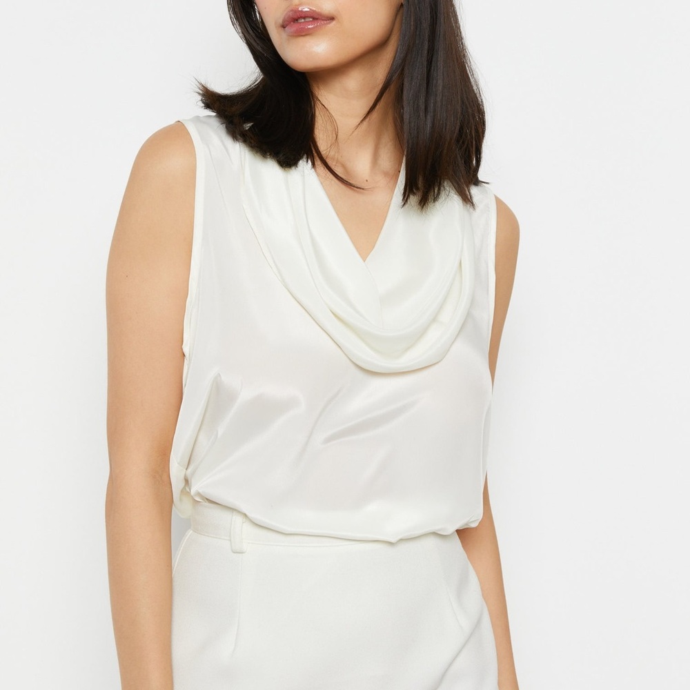 Elegant White Sleeveless Glam Cowl Neck Sleeveless Blouse